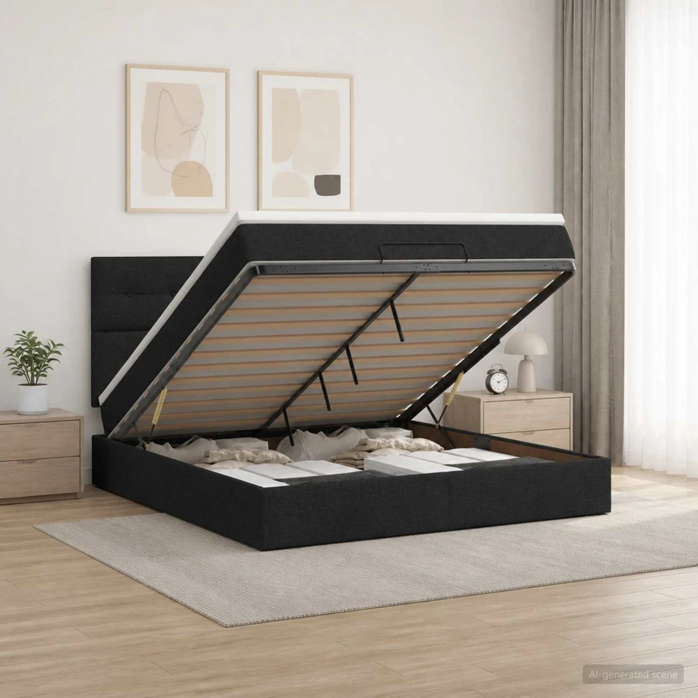 Otmana lova su matracsu ir LED Juoda 160 x 200 cm Audinys