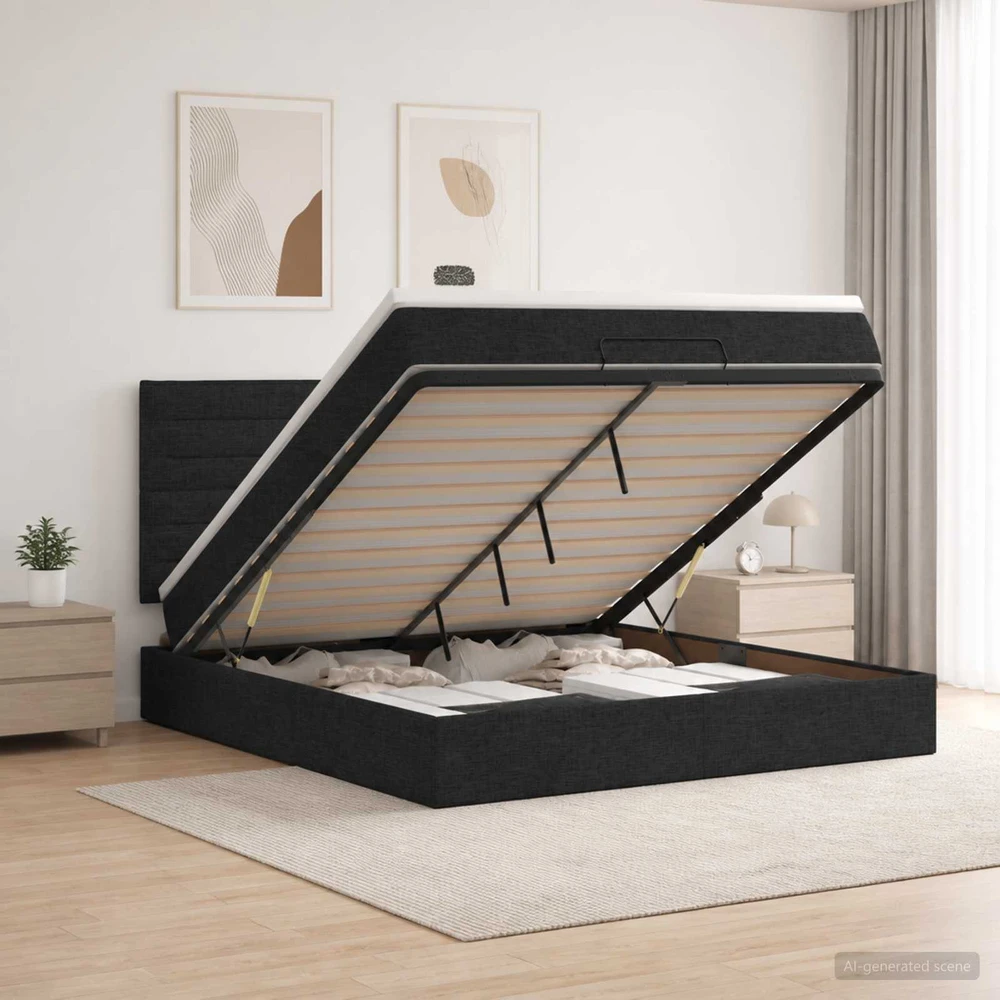 Otmana lova su matracsu ir LED Juoda 160 x 200 cm Audinys