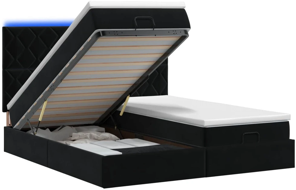 Otmana lova su matracsu ir LED Juoda 160 x 200 cm Aksomas