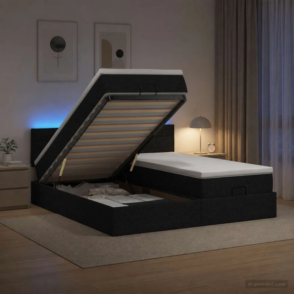 Otmana lova su matracsu ir LED Juoda 160 x 200 cm Audinys