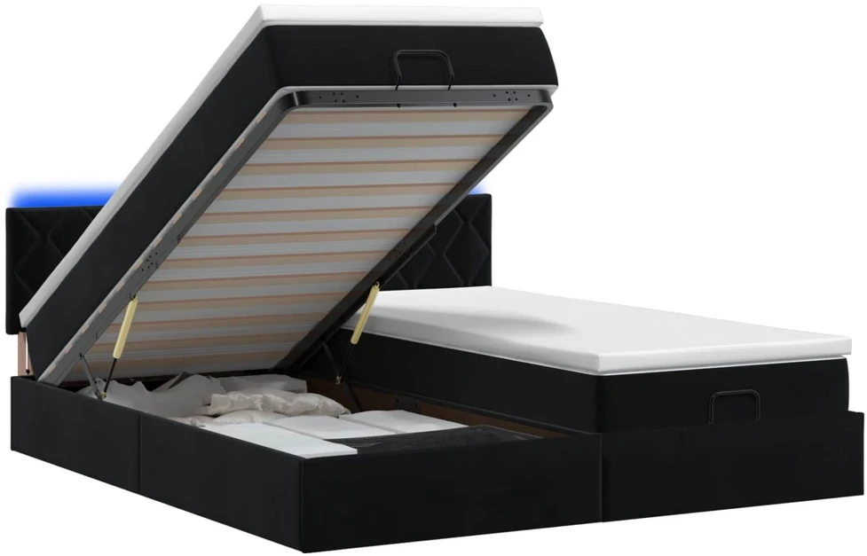 Otmana lova su matracsu ir LED Juoda 160 x 200 cm Aksomas
