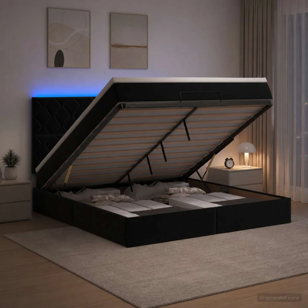 Otmana lova su matracsu ir LED Juoda 160 x 200 cm Aksomas