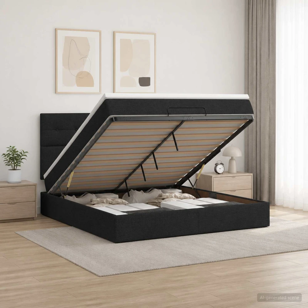 Otmana lova su matracsu ir LED Juoda 160 x 200 cm Audinys
