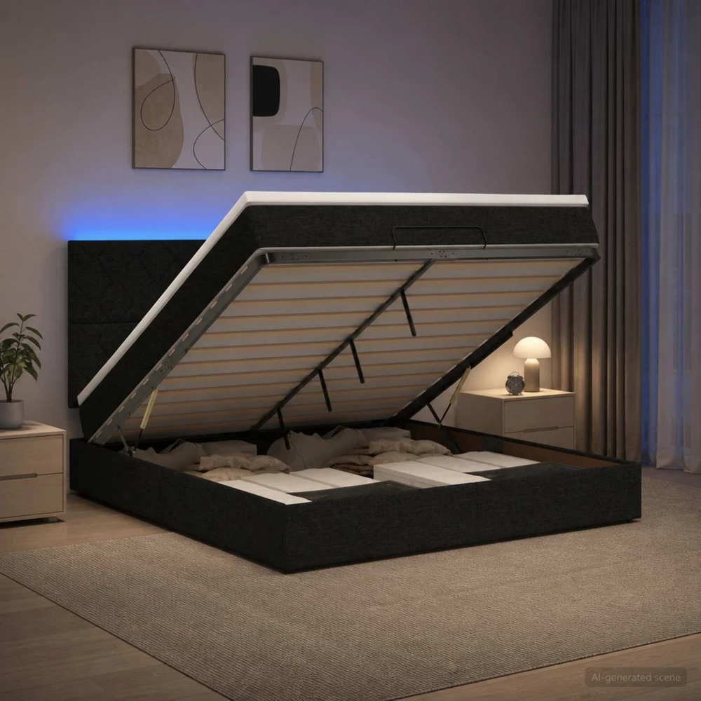 Otmana lova su matracsu ir LED Juoda 160 x 200 cm Audinys