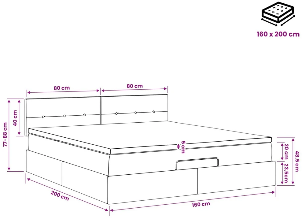 Otmana lova su matracsu ir LED Juoda 160 x 200 cm Aksomas
