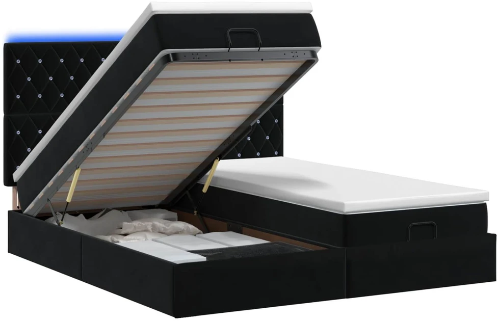 Otmana lova su matracsu ir LED Juoda 160 x 200 cm Aksomas