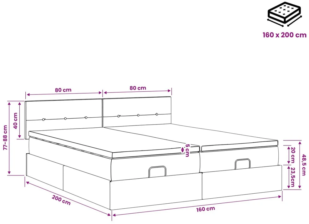Otmana lova su matracsu ir LED Juoda 160 x 200 cm Aksomas