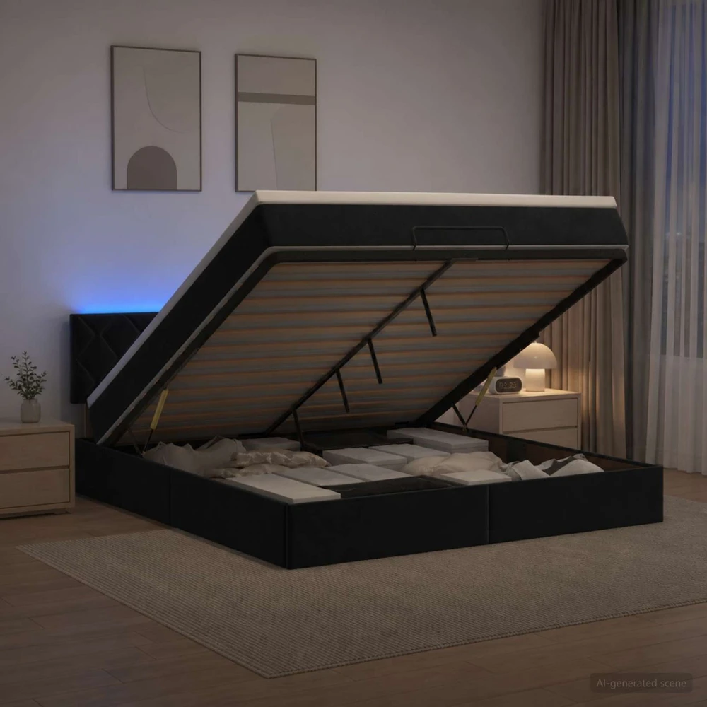 Otmana lova su matracsu ir LED Juoda 160 x 200 cm Aksomas