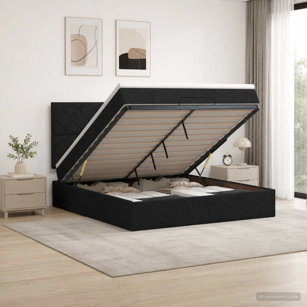 Otmana lova su matracsu ir LED Juoda 180 x 200 cm Audinys