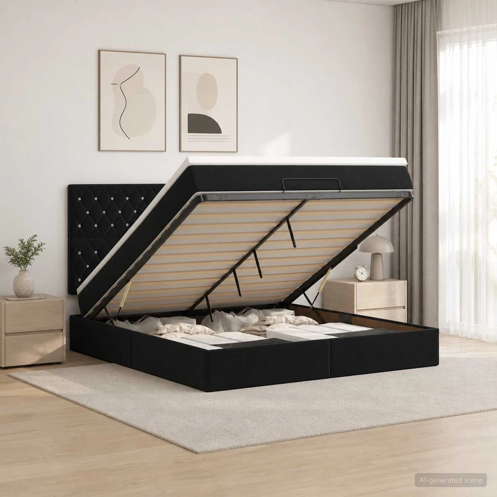 Otmana lova su matracsu ir LED Juoda 180 x 200 cm Aksomas