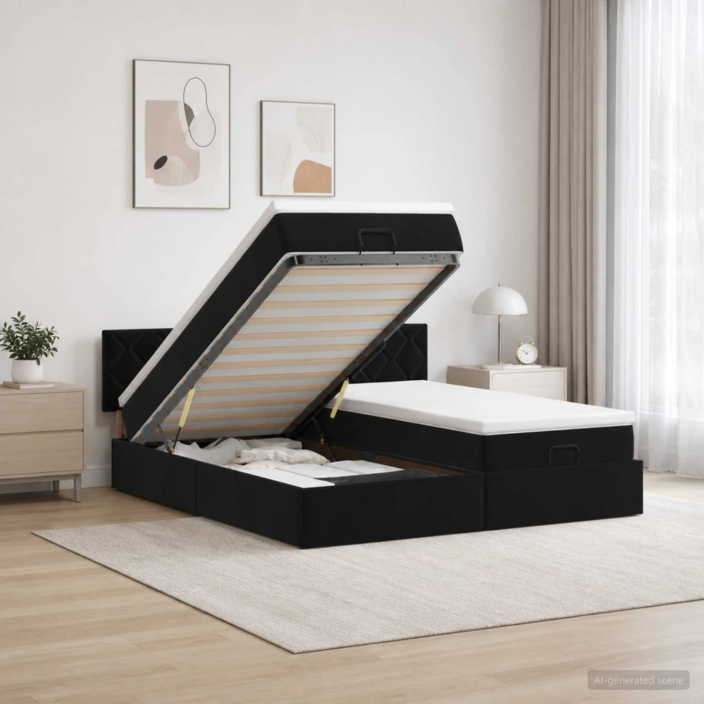Otmana lova su matracsu ir LED Juoda 180 x 200 cm Aksomas