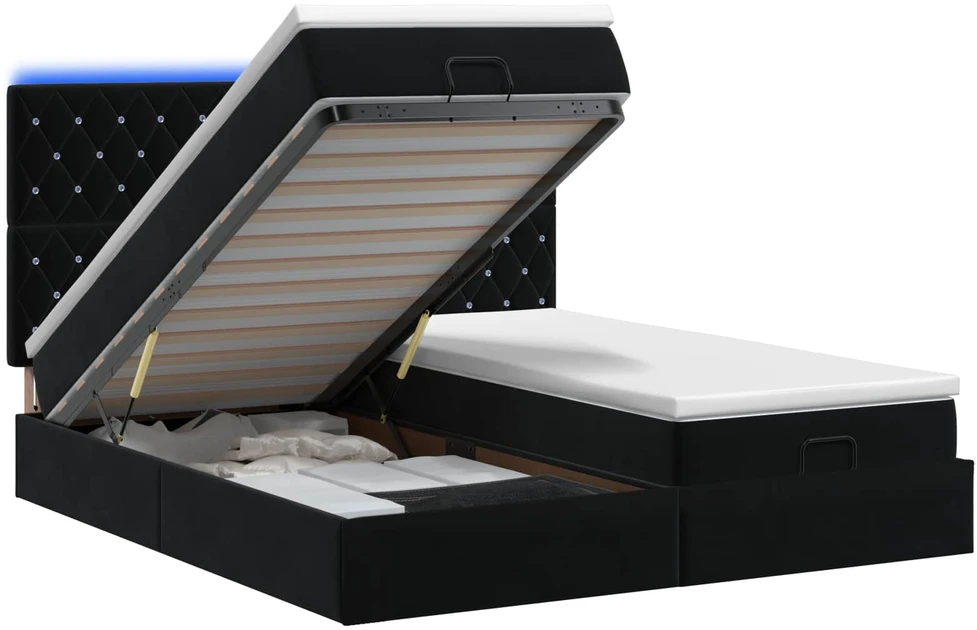 Otmana lova su matracsu ir LED Juoda 180 x 200 cm Aksomas