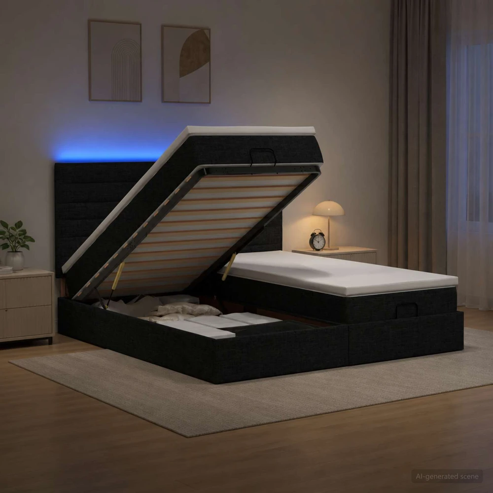 Otmana lova su matracsu ir LED Juoda 180 x 200 cm Audinys