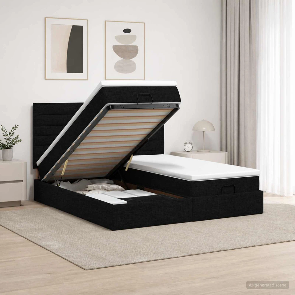 Otmana lova su matracsu ir LED Juoda 180 x 200 cm Audinys