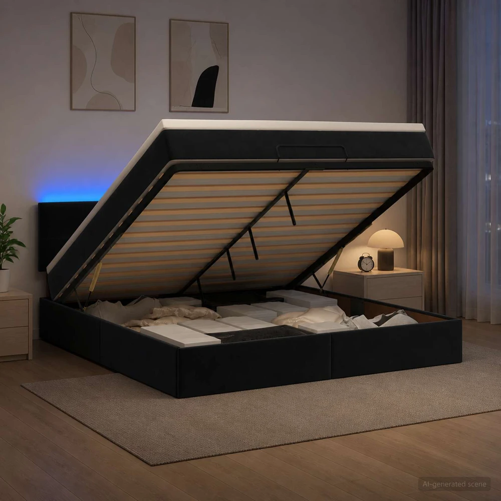 Otmana lova su matracsu ir LED Juoda 180 x 200 cm Aksomas
