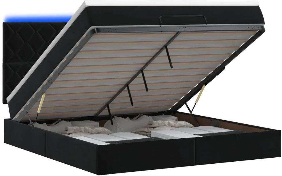 Otmana lova su matracsu ir LED Juoda 180 x 200 cm Aksomas