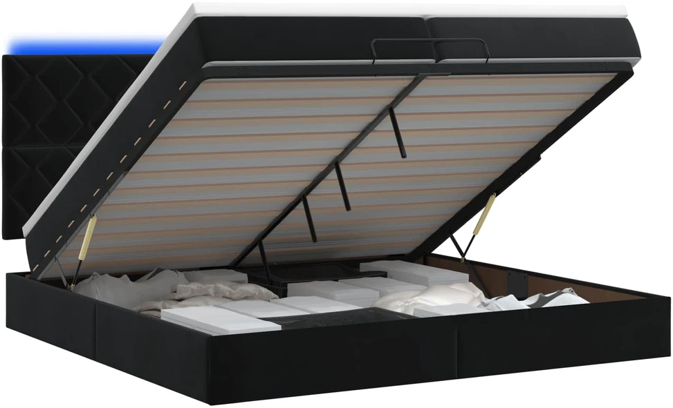 Otmana lova su matracsu ir LED Juoda 200 x 200 cm Aksomas