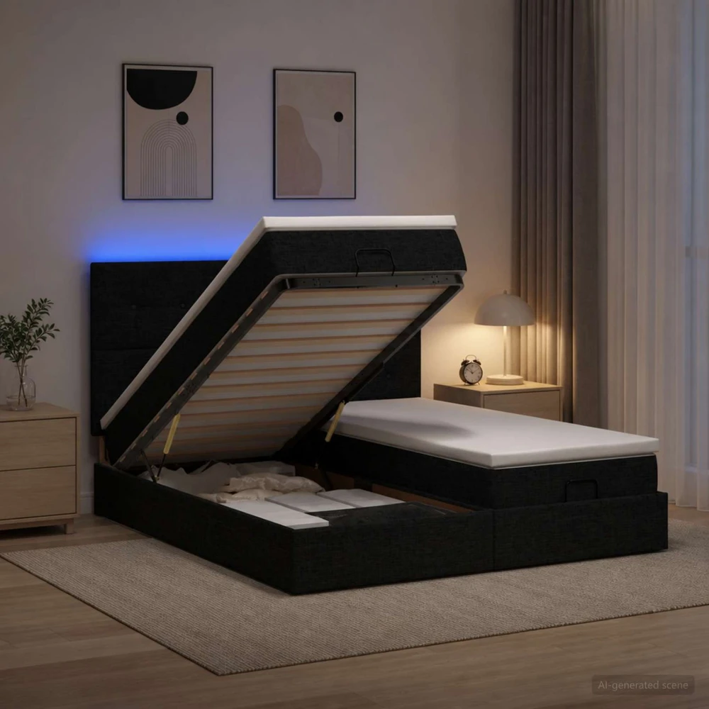 Otmana lova su matracsu ir LED Juoda 200 x 200 cm Audinys