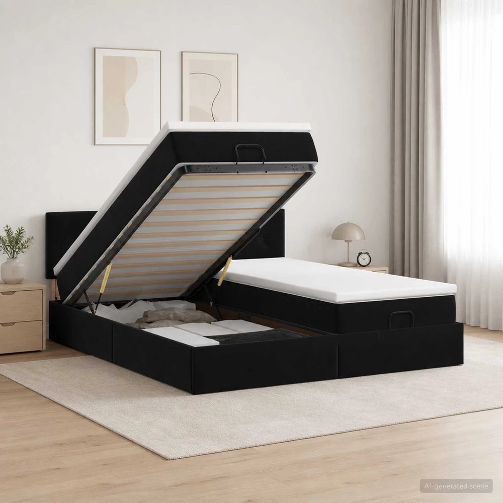 Otmana lova su matracsu ir LED Juoda 200 x 200 cm Aksomas