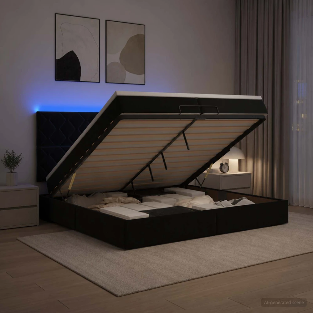 Otmana lova su matracsu ir LED Juoda 200 x 200 cm Aksomas