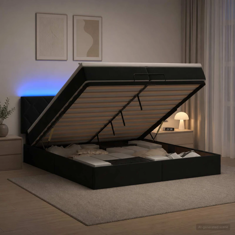 Otmana lova su matracsu ir LED Juoda 200 x 200 cm Aksomas