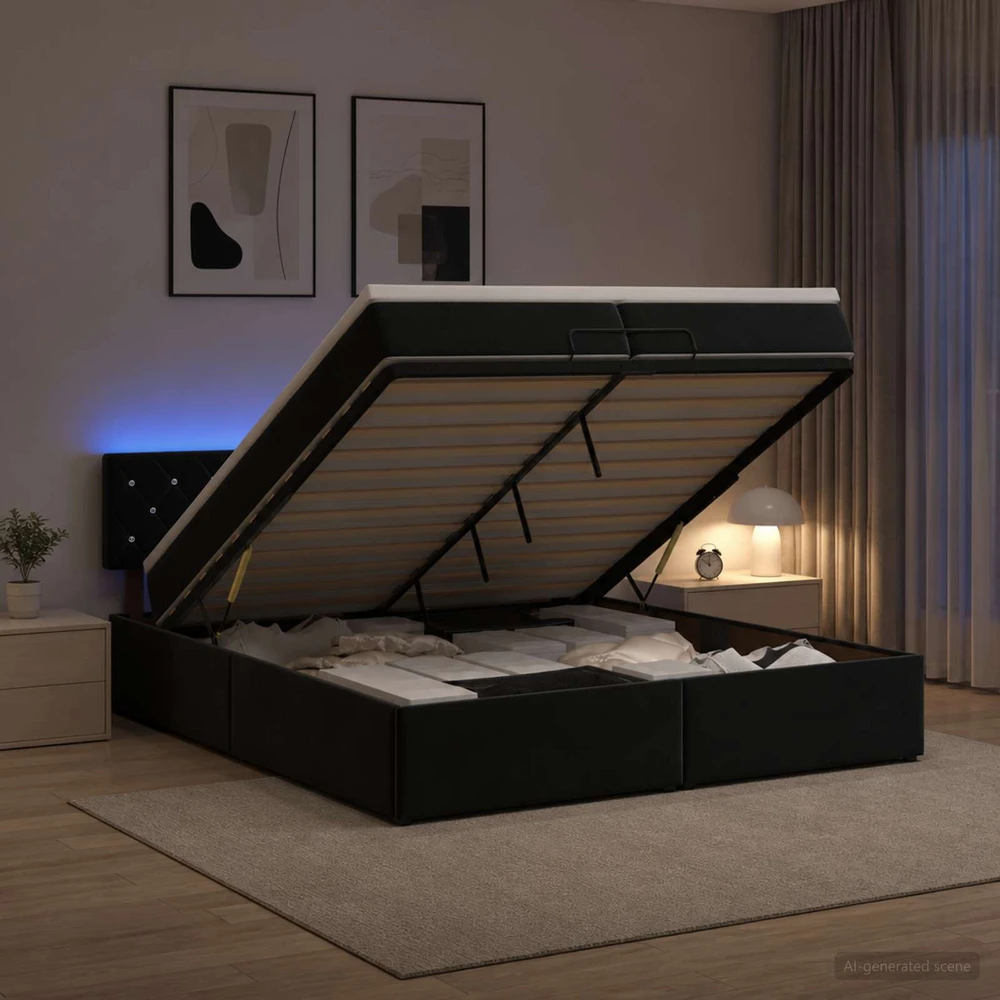Otmana lova su matracsu ir LED Juoda 200 x 200 cm Aksomas