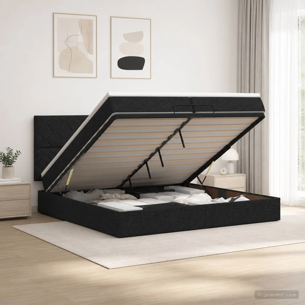 Otmana lova su matracsu ir LED Juoda 200 x 200 cm Audinys