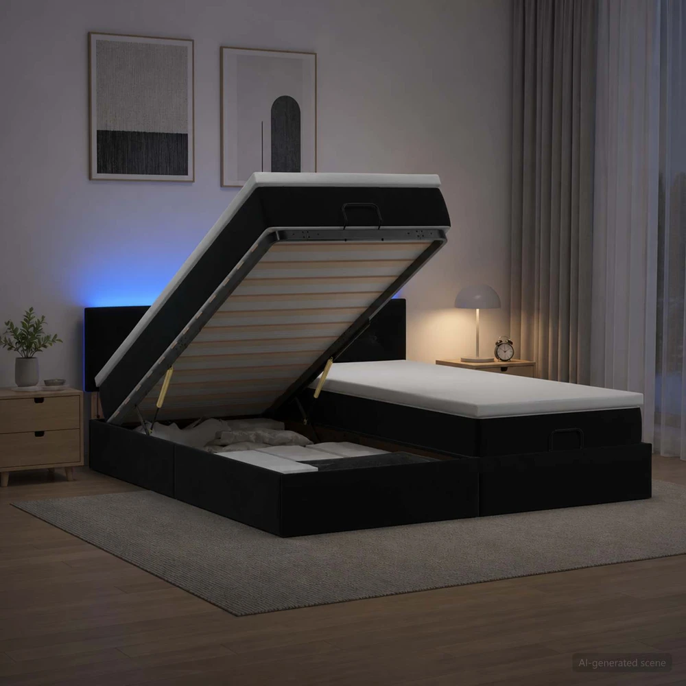 Otmana lova su matracsu ir LED Juoda 200 x 200 cm Aksomas