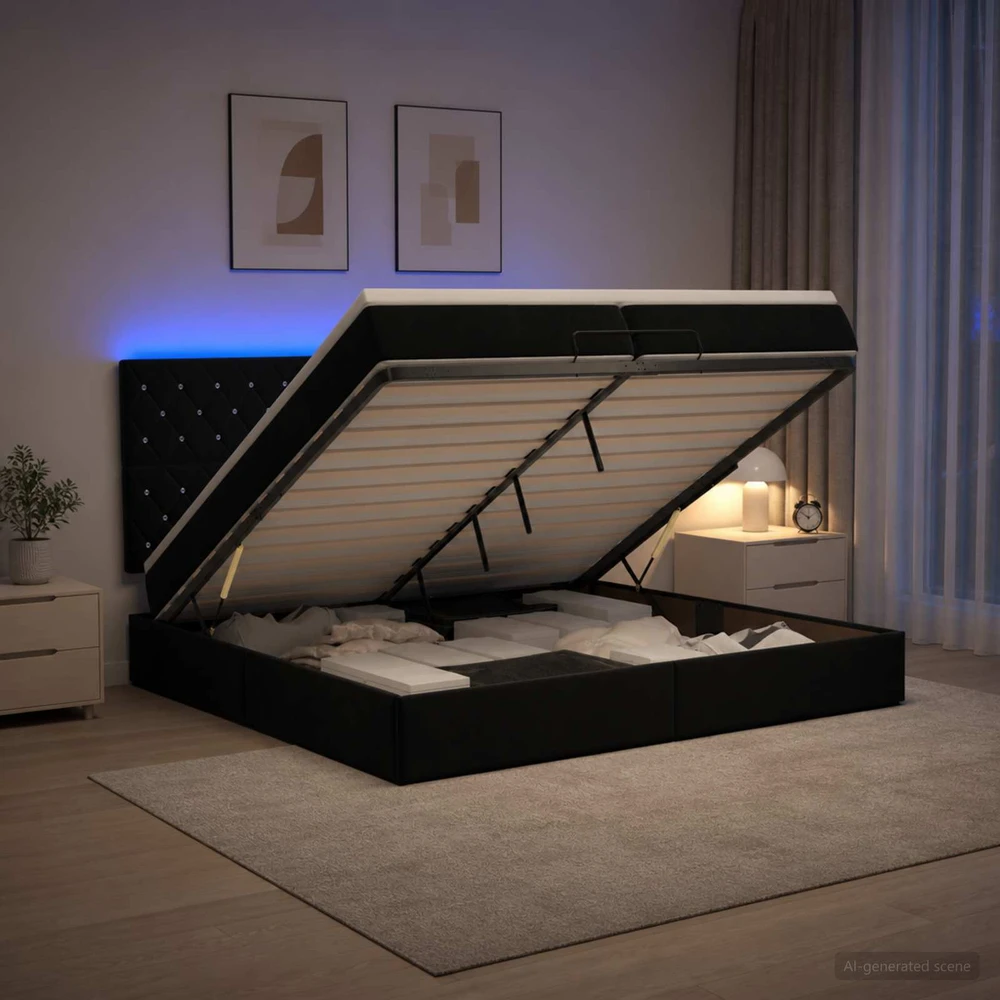 Otmana lova su matracsu ir LED Juoda 200 x 200 cm Aksomas
