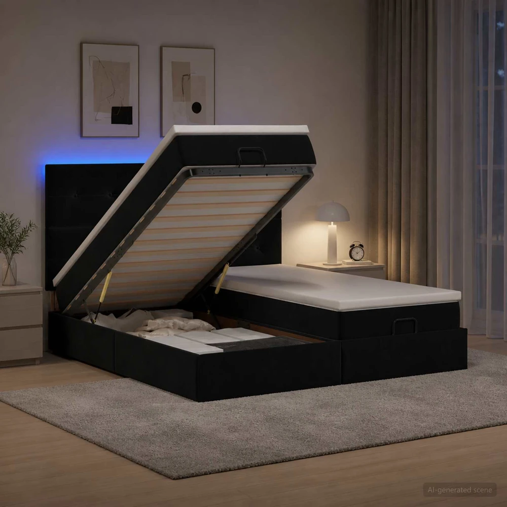 Otmana lova su matracsu ir LED Juoda 200 x 200 cm Aksomas