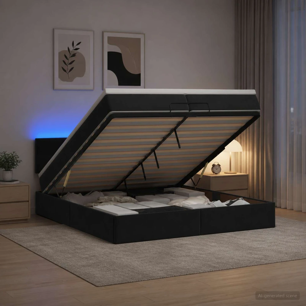 Otmana lova su matracsu ir LED Juoda 200 x 200 cm Aksomas