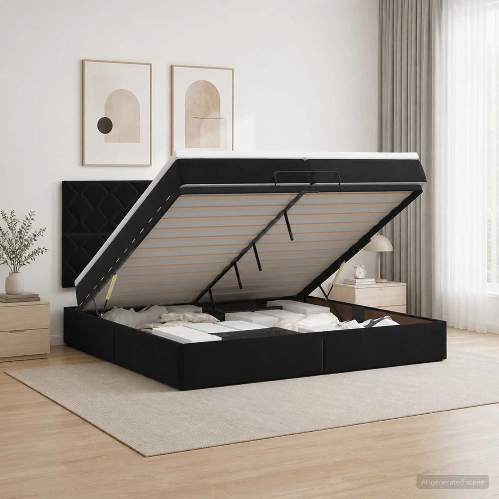 Otmana lova su matracsu ir LED Juoda 200 x 200 cm Aksomas