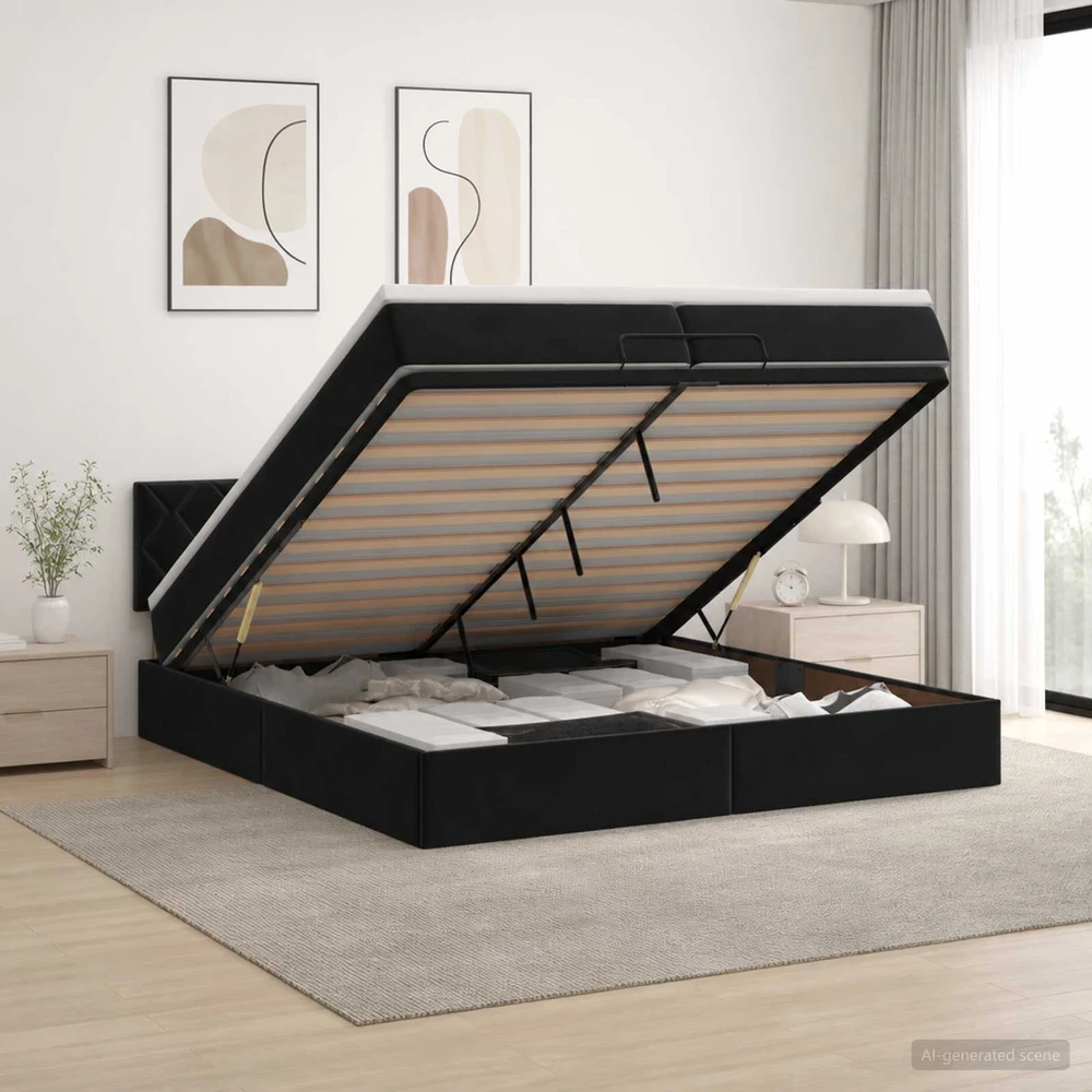 Otmana lova su matracsu ir LED Juoda 200 x 200 cm Aksomas