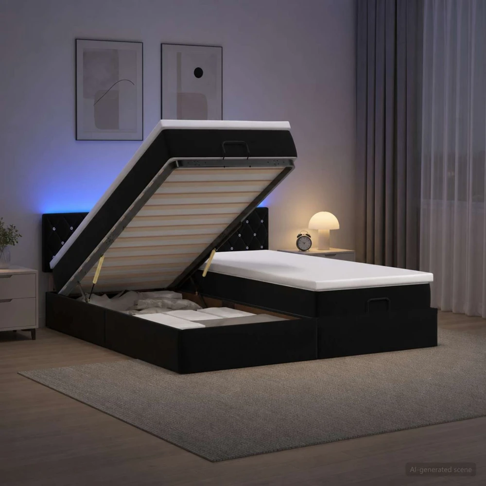 Otmana lova su matracsu ir LED Juoda 200 x 200 cm Aksomas