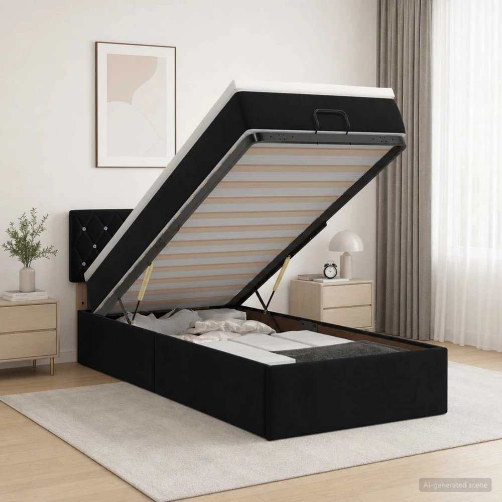 Otmana lova su matracsu ir LED Juoda 80 x 200 cm Aksomas