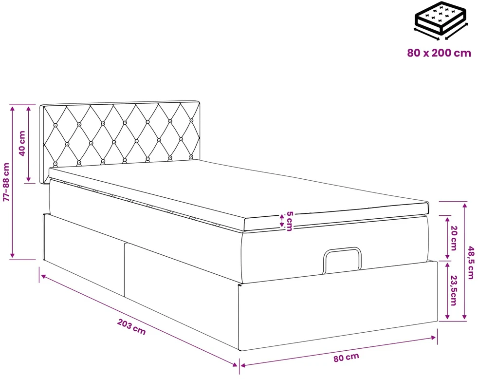 Otmana lova su matracsu ir LED Juoda 80 x 200 cm Aksomas
