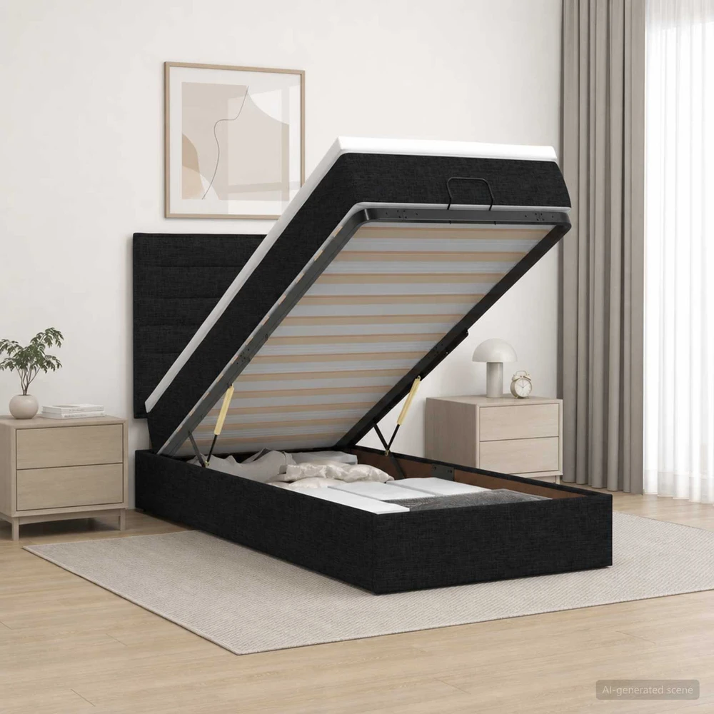 Otmana lova su matracsu ir LED Juoda 90 x 190 cm Audinys