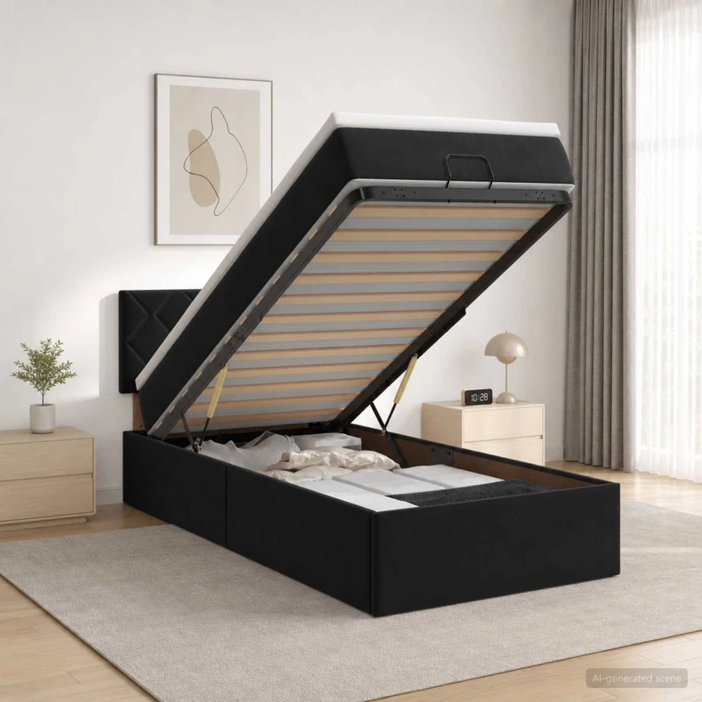 Otmana lova su matracsu ir LED Juoda 90 x 200 cm Aksomas