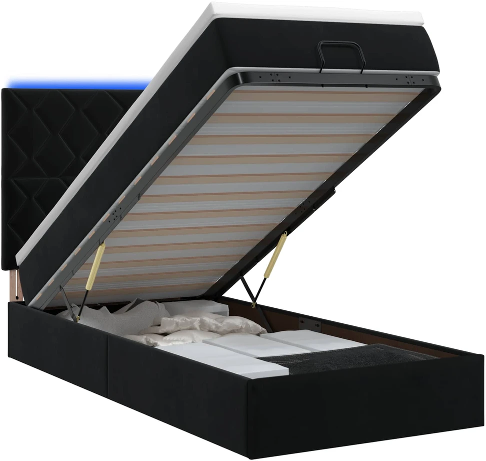 Otmana lova su matracsu ir LED Juoda 90 x 190 cm Aksomas