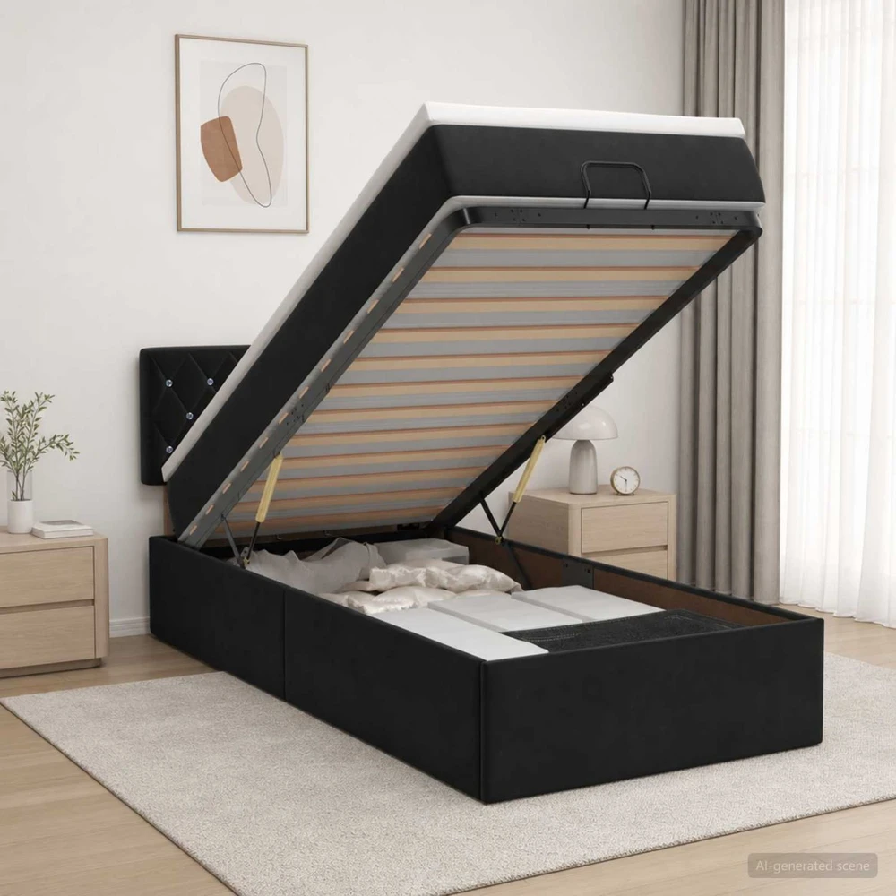 Otmana lova su matracsu ir LED Juoda 90 x 200 cm Aksomas