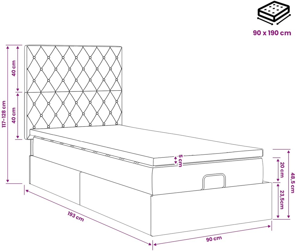 Otmana lova su matracsu ir LED Juoda 90 x 190 cm Aksomas