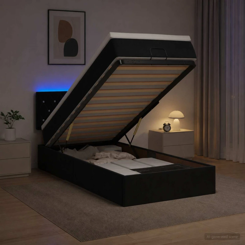 Otmana lova su matracsu ir LED Juoda 90 x 190 cm Aksomas