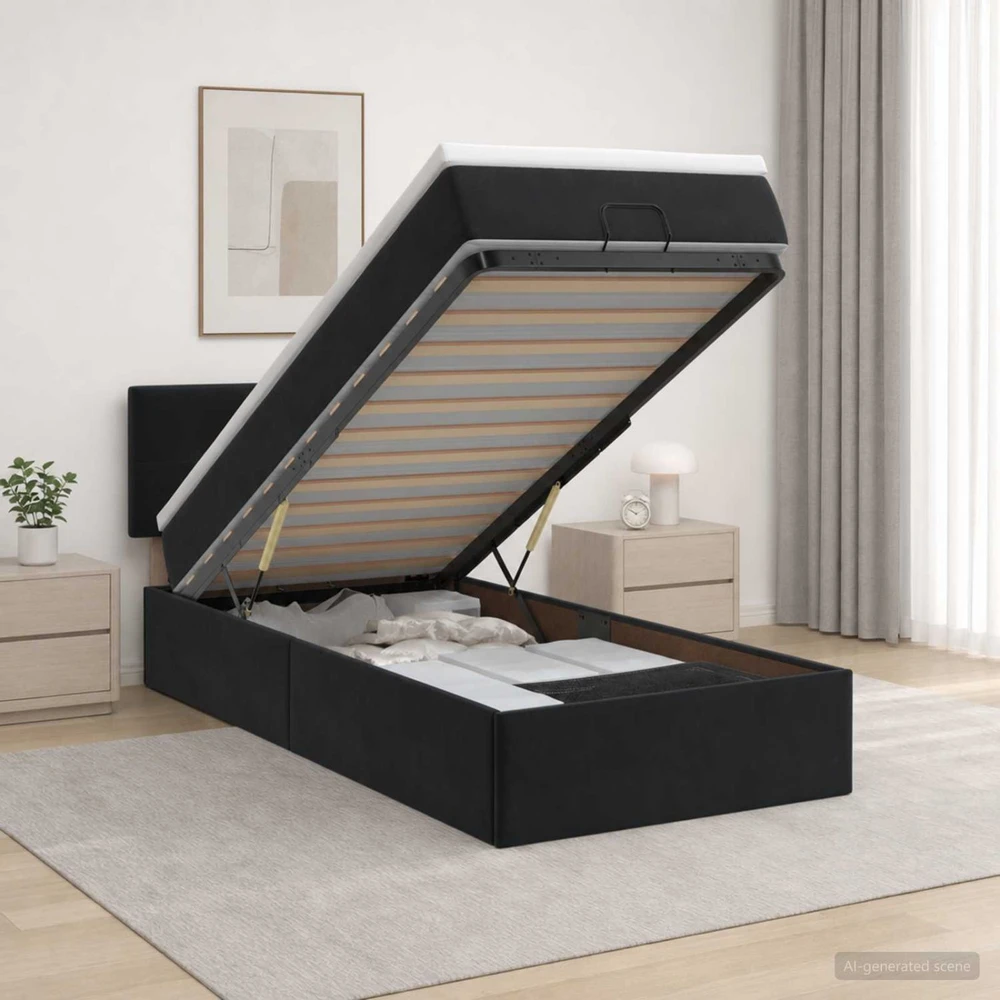 Otmana lova su matracsu ir LED Juoda 90 x 190 cm Aksomas