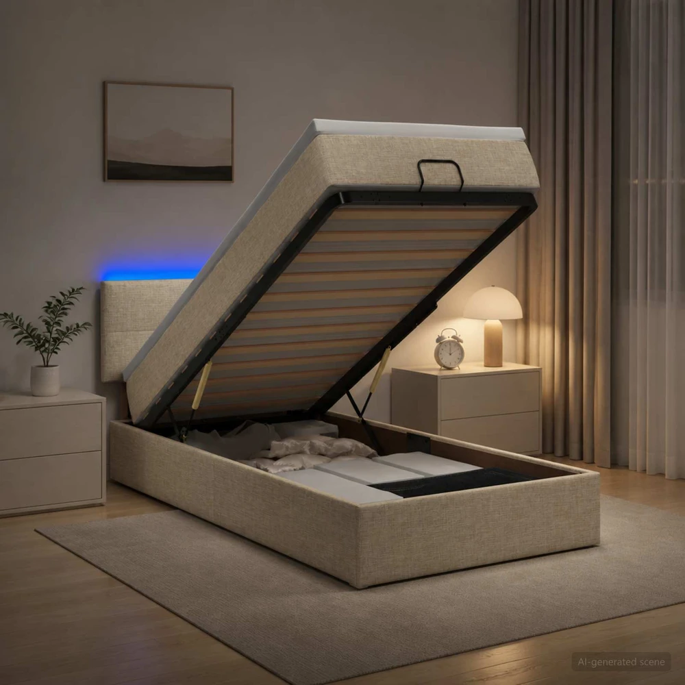Otmana lova su matracsu ir LED Kreminė 100 x 200 cm Audinys