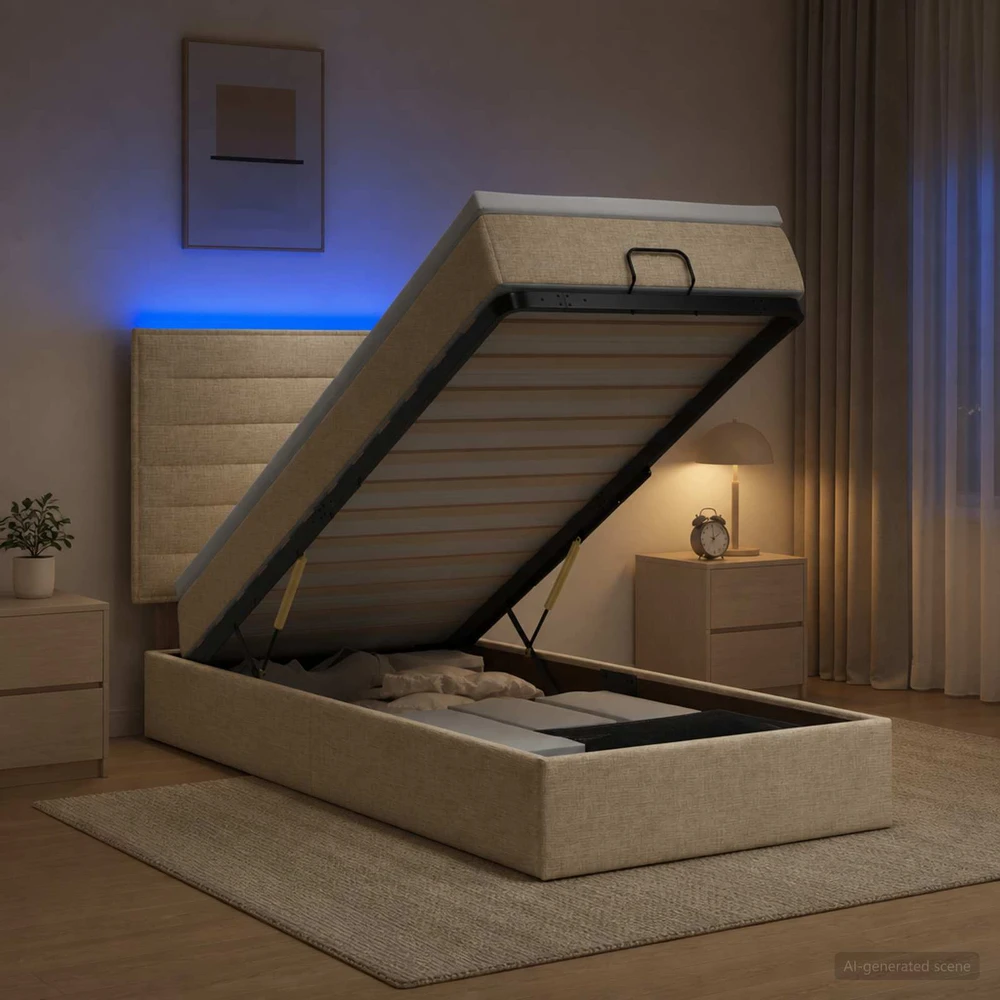 Otmana lova su matracsu ir LED Kreminė 100 x 200 cm Audinys