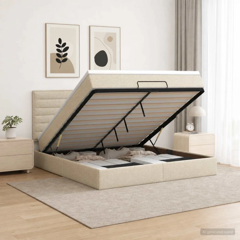 Otmana lova su matracsu ir LED Kreminė 140 x 200 cm Audinys