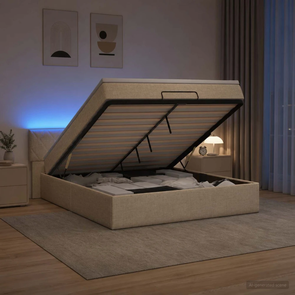 Otmana lova su matracsu ir LED Kreminė 180 x 200 cm Audinys