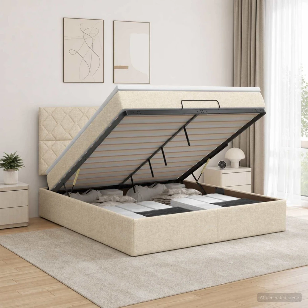 Otmana lova su matracsu ir LED Kreminė 180 x 200 cm Audinys