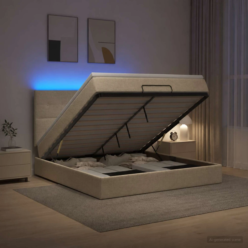 Otmana lova su matracsu ir LED Kreminė 180 x 200 cm Audinys