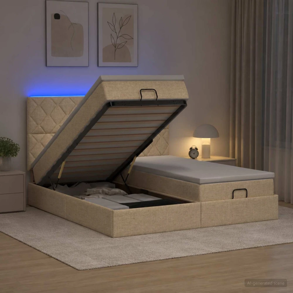 Otmana lova su matracsu ir LED Kreminė 180 x 200 cm Audinys